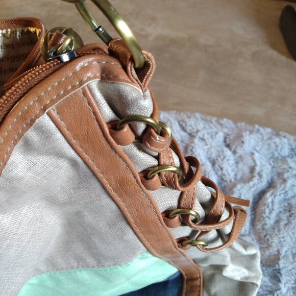Twiggy London Shoulder Bag Cotton/Linen Vegan Leather Blue Green Beige *FLAWS* - Picture 7 of 16